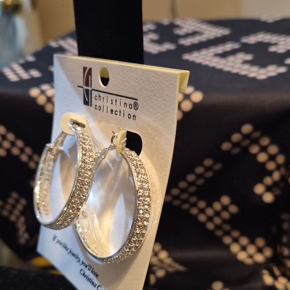 Christina Collection Silver Tone Pavé Crystal Hoop Earrings Leverback E2891